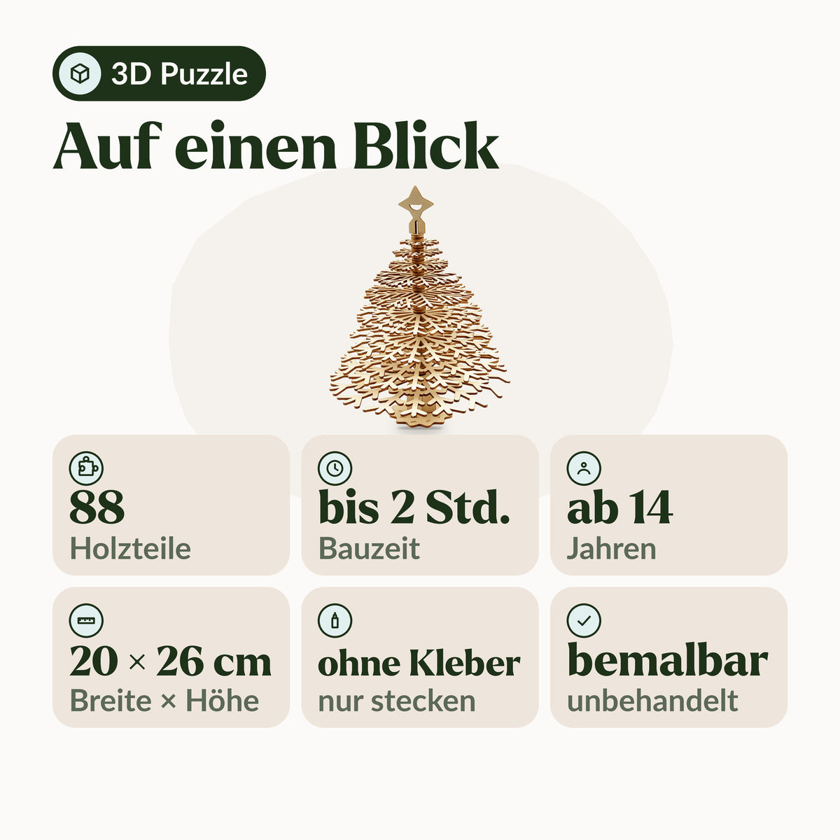 Weihnachtsbaum aus Holz auf einen Blick: 88 Holzteile, bis 2 Stunden Bauzeit, ab 14 Jahren, ohne Kleber, bemalbar