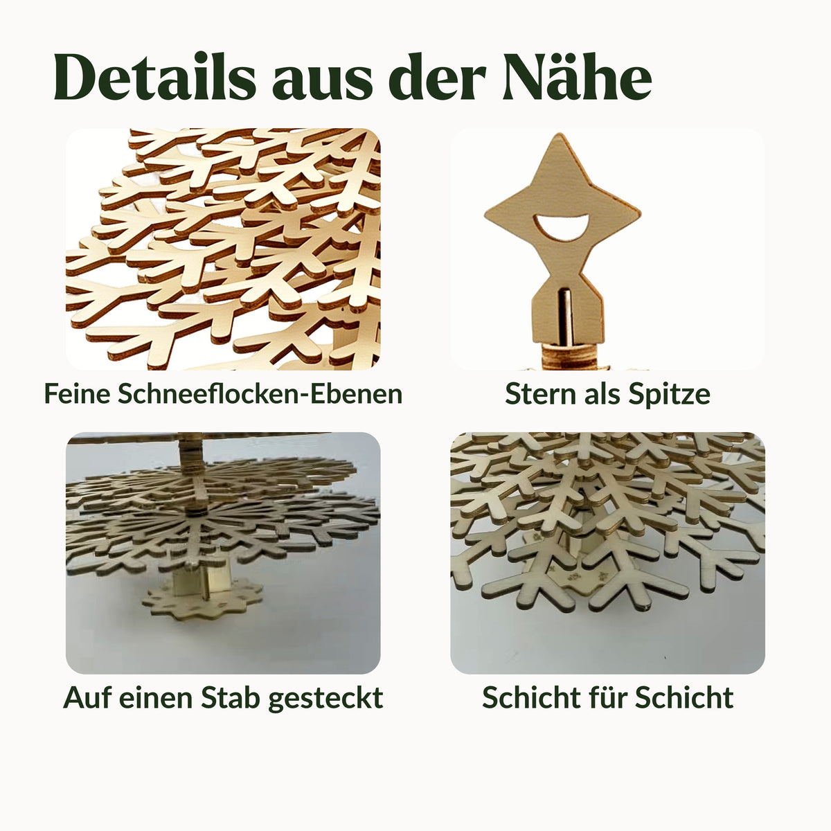 Weihnachtsbaum aus Holz im Detail: Schneeflocken-Ebenen, Stern als Spitze und Ebenen auf einem Stab gesteckt