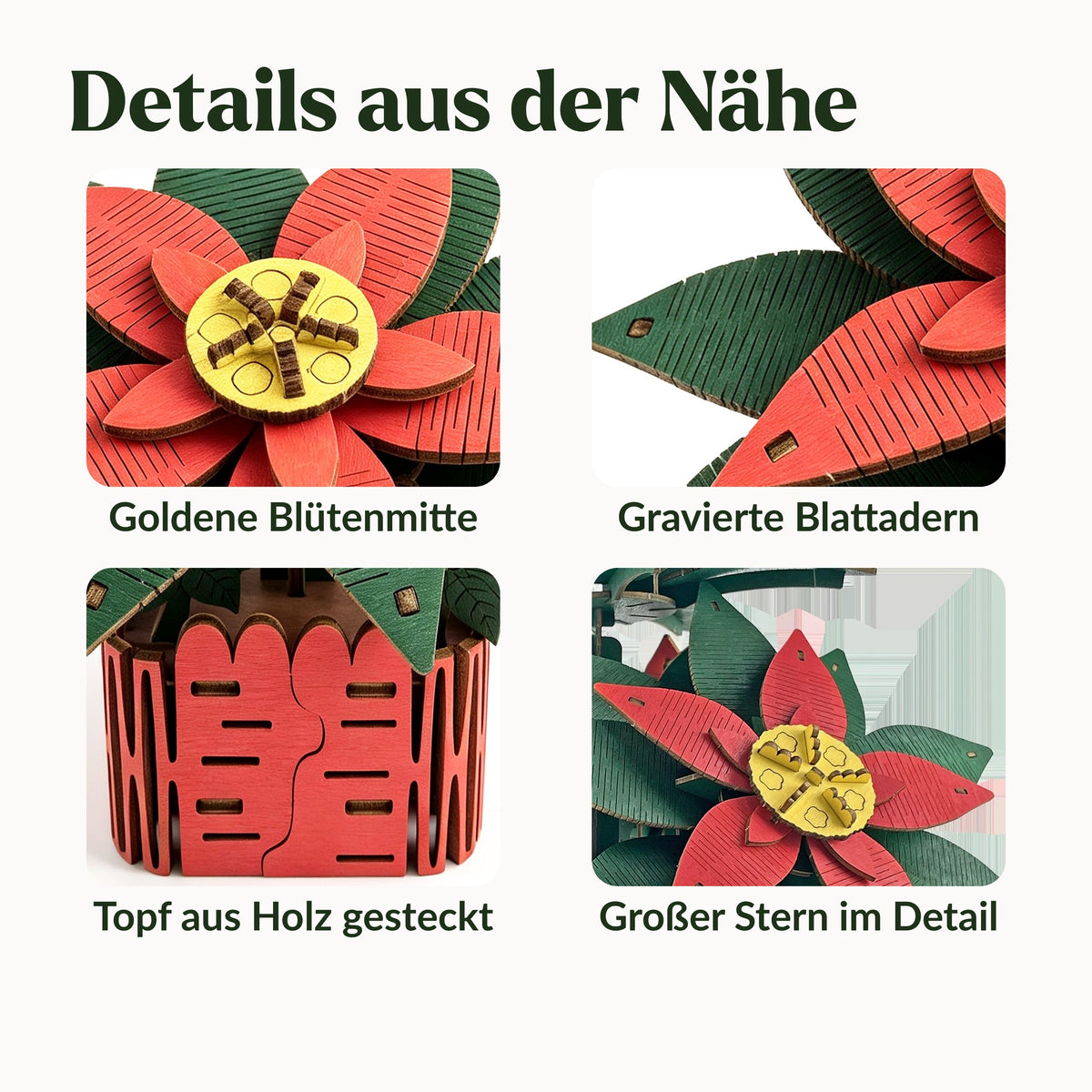 De houten kerstster van dichtbij: een gouden bloemhart, gegraveerde bladnerven en een potje van in elkaar gestoken houten stukjes
