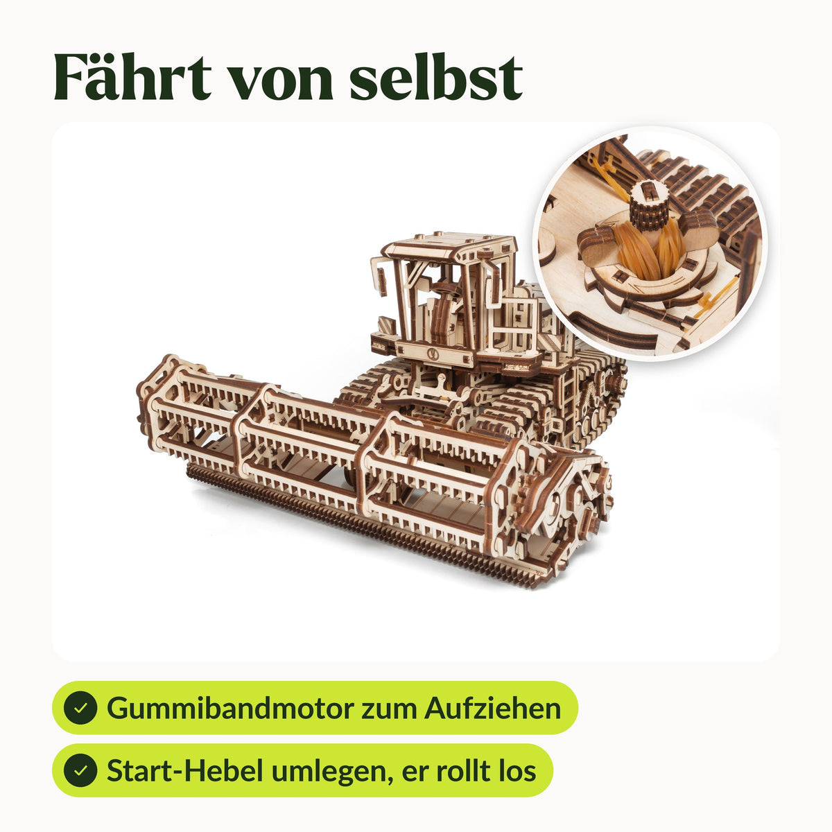 Mower CS-150C – Schwadmäher, fährt von selbst: fertiges Holzmodell, im Kreis der Gummibandmotor zum Aufziehen