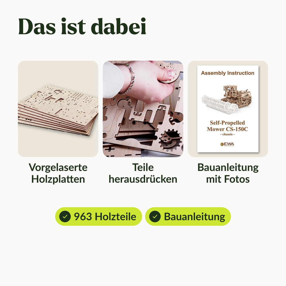 Mower CS-150C – Schwadmäher, Lieferumfang: vorgelaserte Holzplatten mit 963 Teilen zum Herausdrücken und Bauanleitung