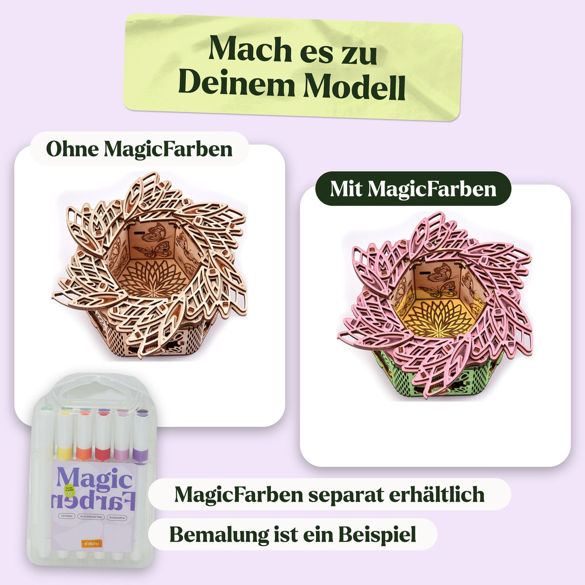 Mysteriöse Blume Holzbausatz, naturbelassen und als Beispiel mit MagicFarben bemalt (MagicFarben separat erhältlich)