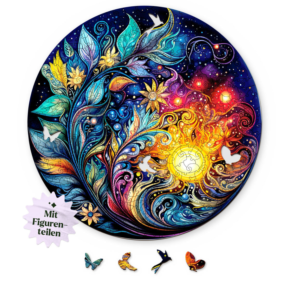 Mystical Flowers Galaxy Mandala Wooden Puzzle, top view on white, with figure pieces such as a butterfly, bird, and hummingbird underneath