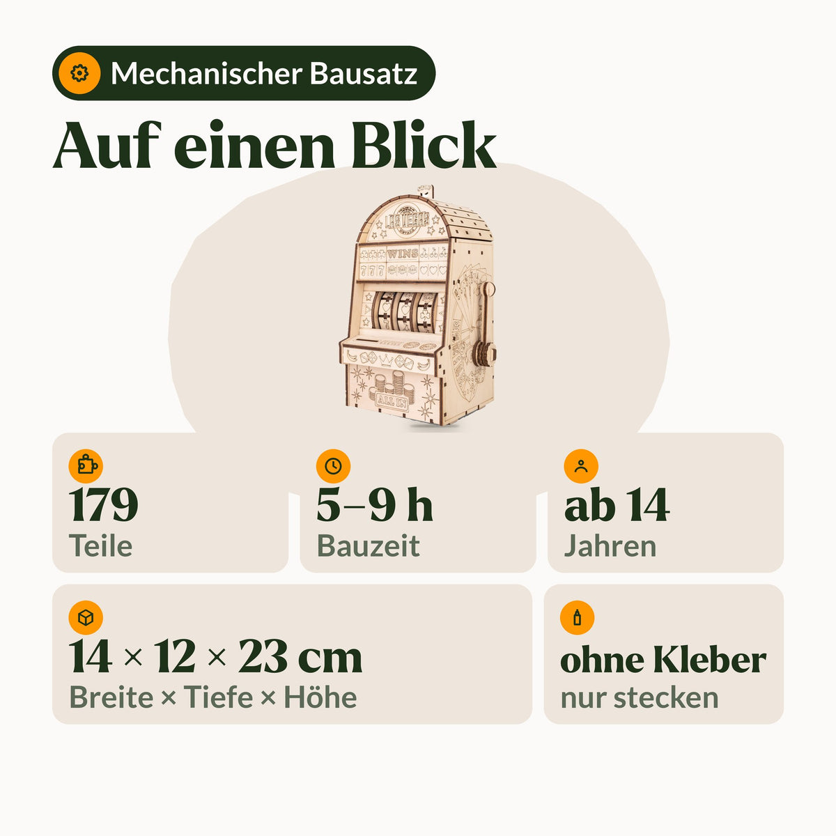 Einarmiger Bandit Holzbausatz, auf einen Blick: 179 Teile, 5 bis 9 Stunden Bauzeit, ab 14 Jahren, ohne Kleber