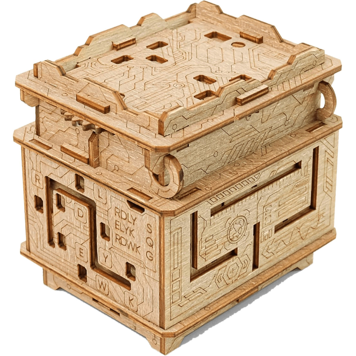 Boîte à énigmes Orbital Box, sur fond blanc : boîte avec labyrinthe, roues dentées et pièces coulissantes en bois de bouleau