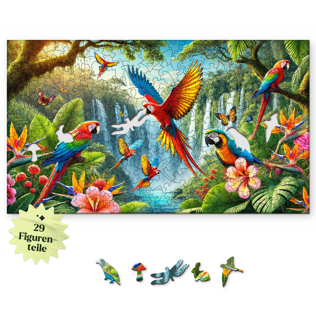 Puzzle en bois « L'île aux perroquets », motif vu d'en haut sur fond blanc, avec en dessous des pièces représentant des personnages comme un perroquet, une libellule et un lapin