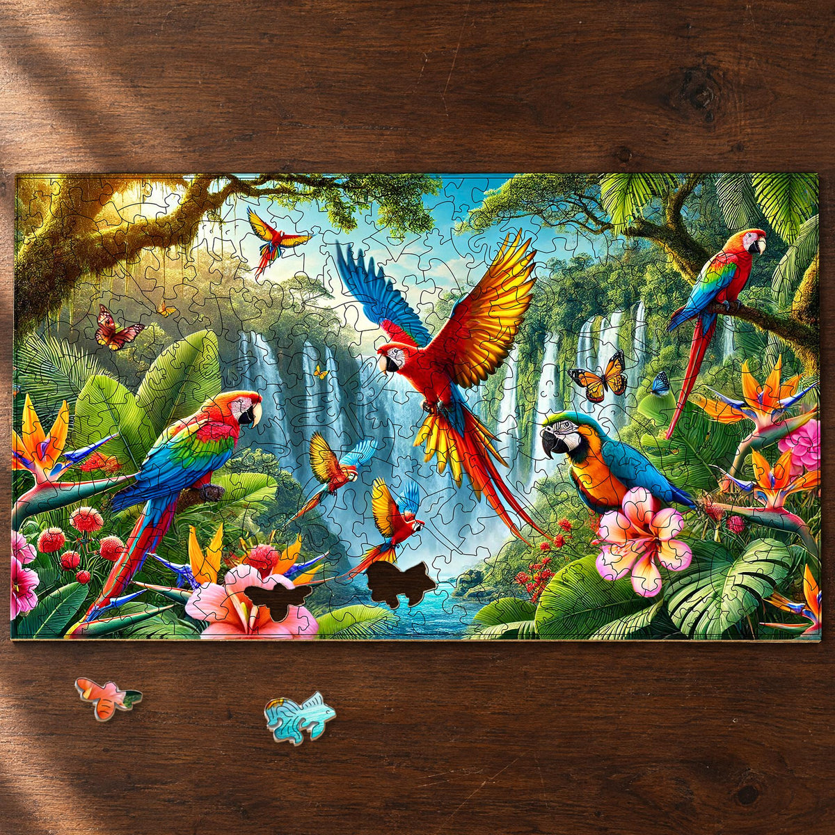 "Parrot Island" wooden puzzle, almost completed on a walnut table; in front of it, two puzzle pieces shaped like a bee and a fish