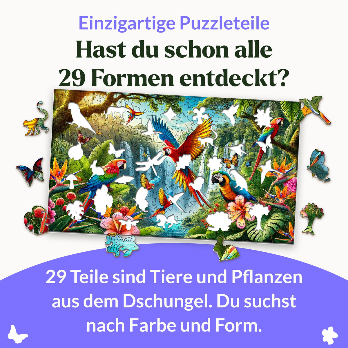 Puzzle en bois « L'île aux perroquets », 29 pièces représentant notamment un singe, un papillon, un colibri et un perroquet autour du motif