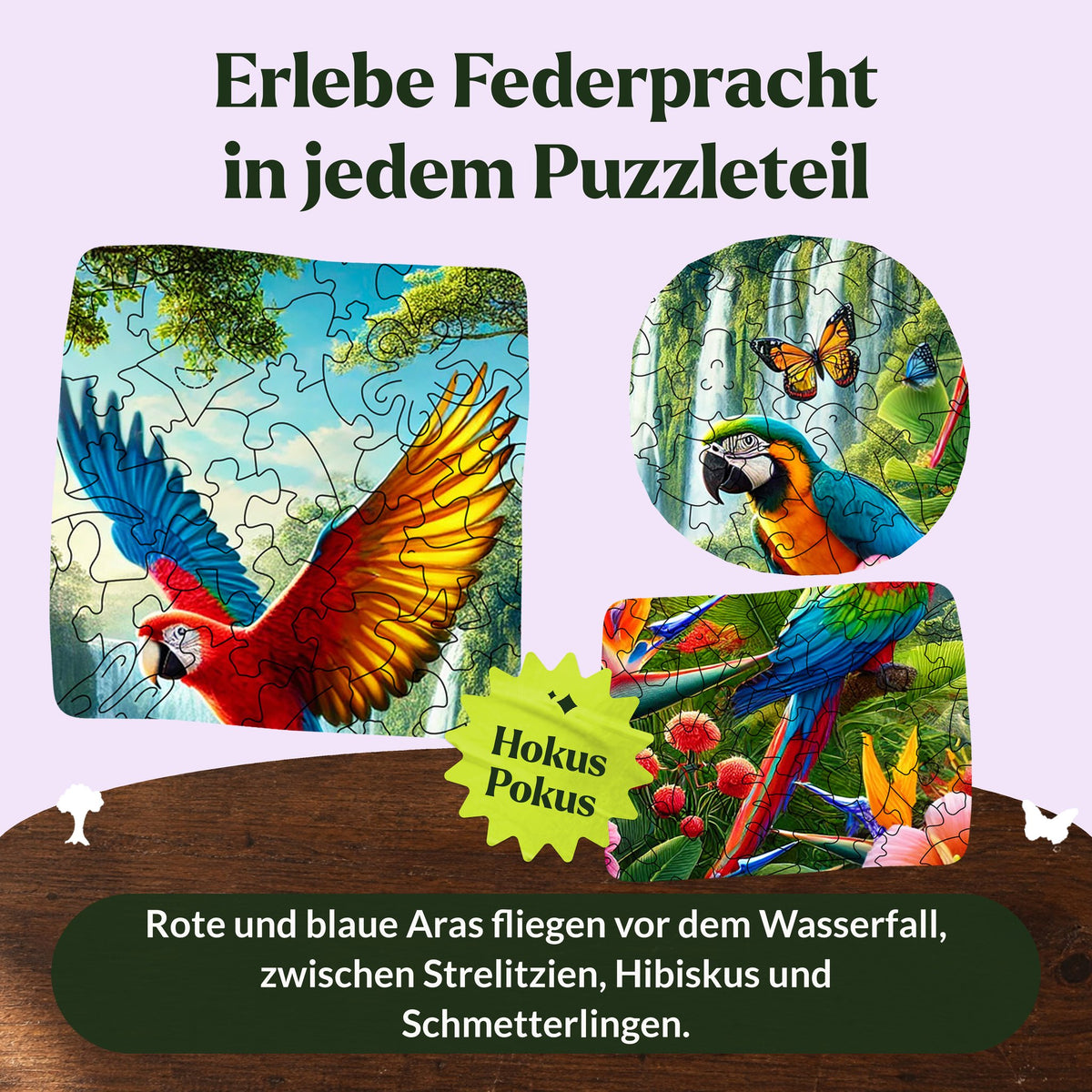 Puzzle en bois « L'île aux perroquets », détails du motif : un ara rouge en plein vol, un ara à poitrine jaune, des strelitzias et des hibiscus