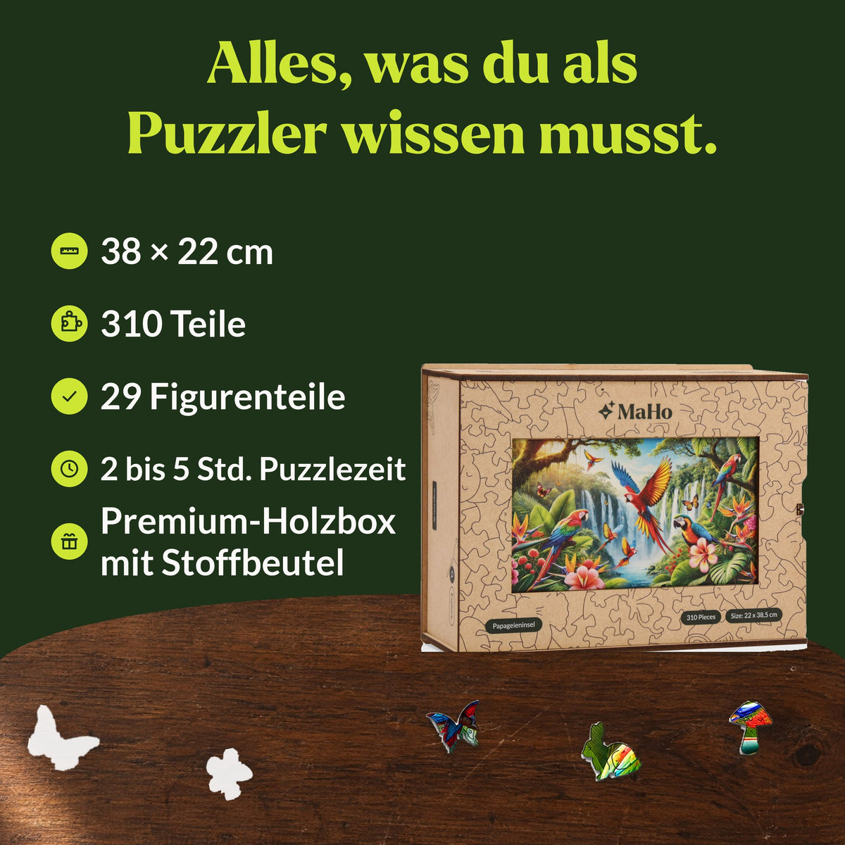 Puzzle en bois « L'île aux perroquets », 38 x 22 cm, 310 pièces, dont 29 pièces représentant des personnages, 2 à 5 heures de montage, coffret en bois haut de gamme avec pochette en tissu