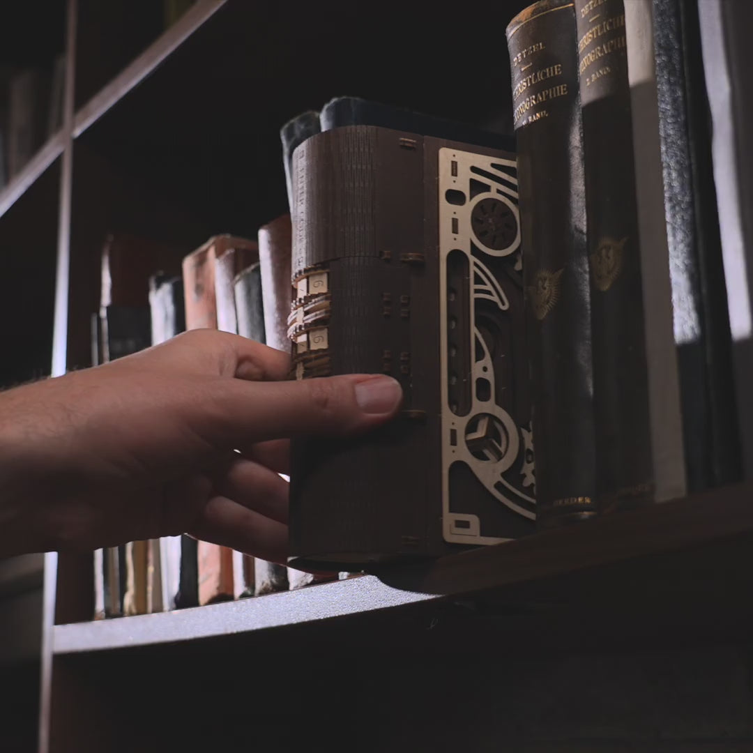 Video: "Book of Secrets" by Ugears—Set the code on the spine, turn the key, and open the secret compartment
