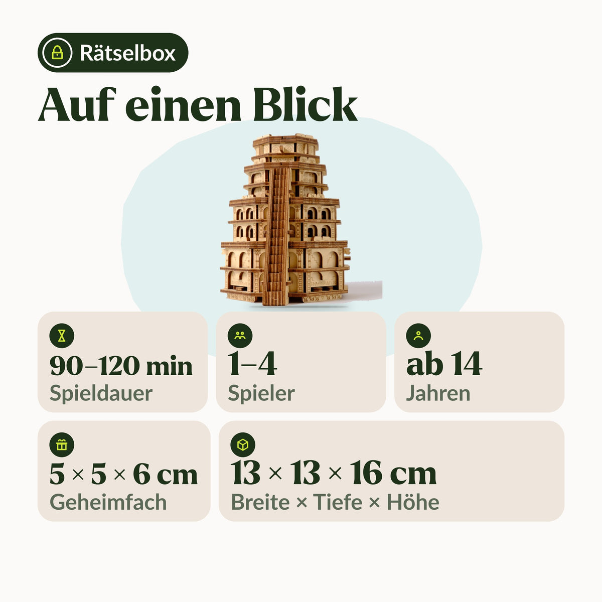 Quest Tower-puzzelbox in een oogopslag: 90 tot 120 minuten, 1 tot 4 spelers, vanaf 14 jaar, geheim vakje