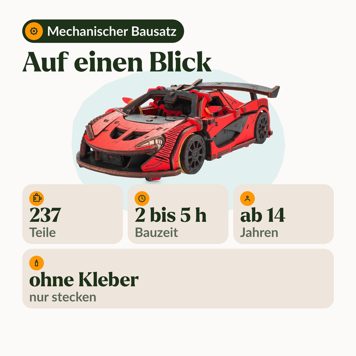 Voiture de course, caractéristiques : 237 pièces, 2 à 5 heures de montage, à partir de 14 ans, sans colle, kit mécanique
