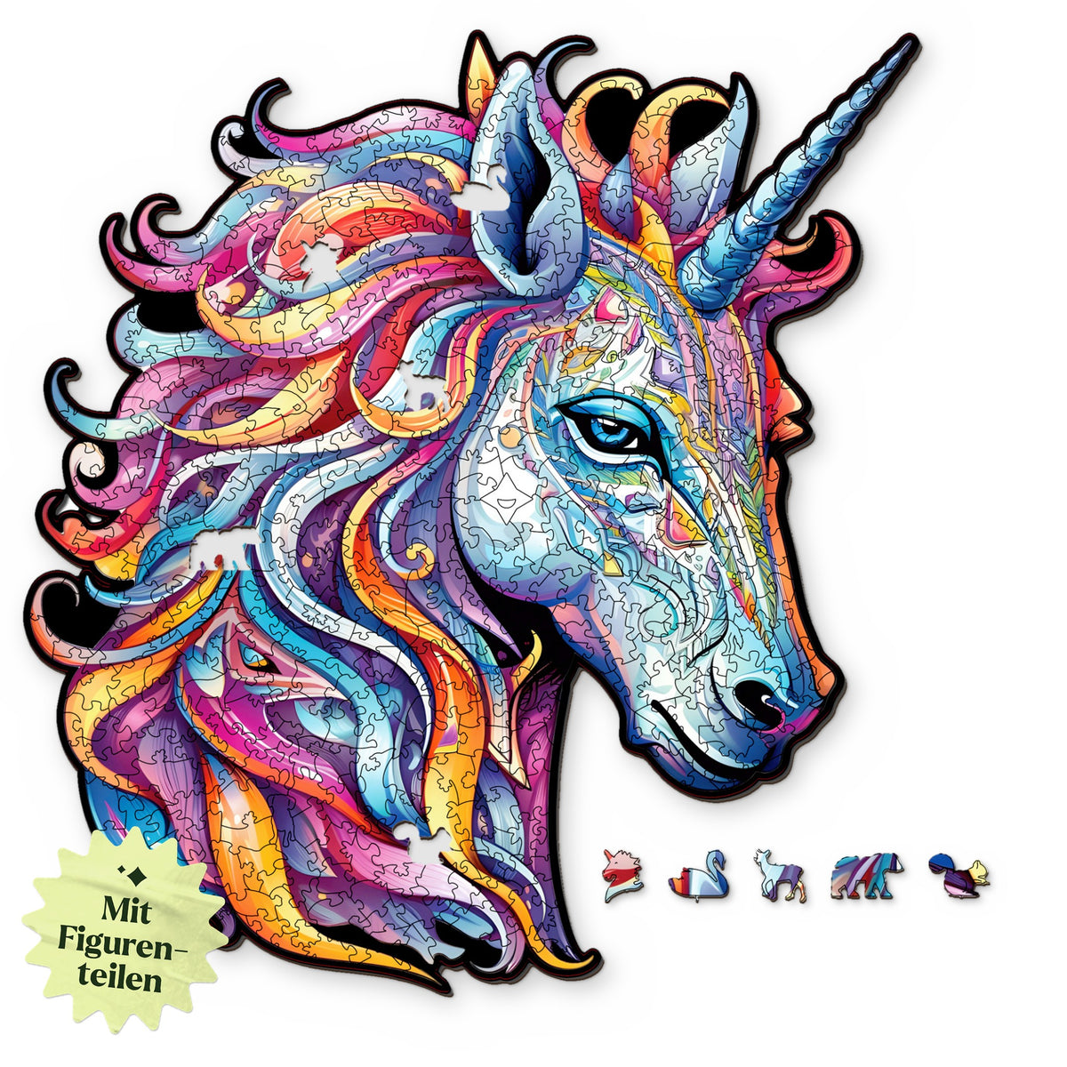 Rainbow Unicorn Wooden Puzzle, unicorn head viewed from above on a white background, with figure pieces such as a swan, a deer, and a squirrel next to it