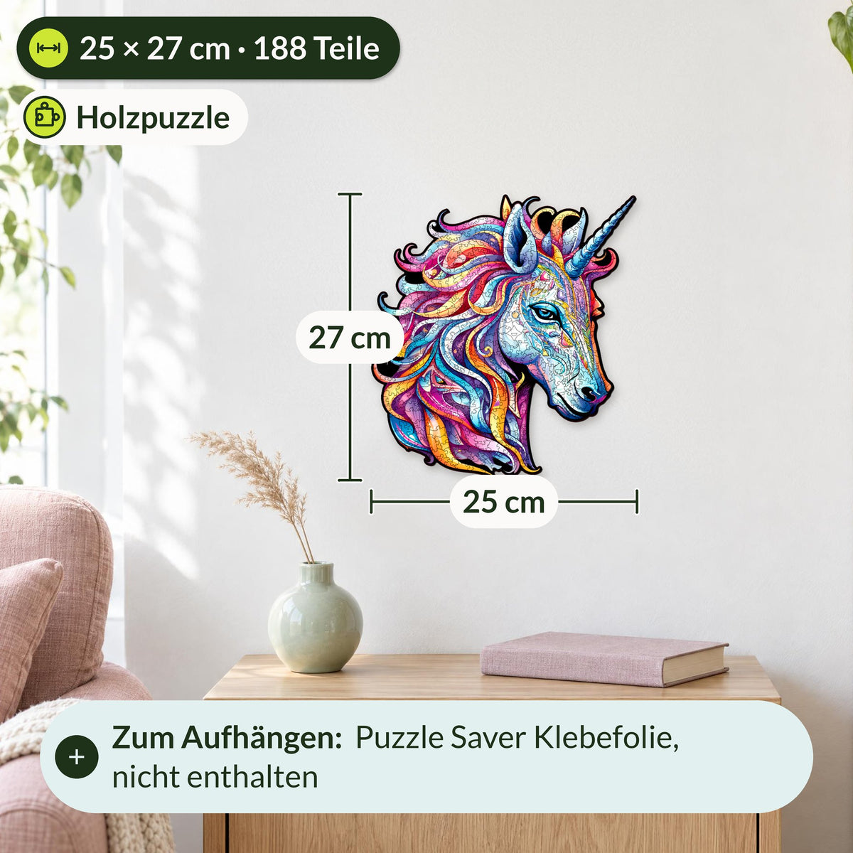Rainbow Unicorn Wooden Puzzle, Size M (25 x 27 cm) with 188 pieces, hanging on the wall above a light-colored side cabinet