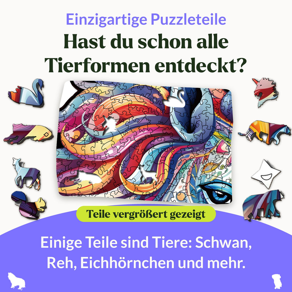 Rainbow Unicorn Wooden Puzzle, featuring cutouts for figures and animal shapes such as a swan, a deer, and a squirrel