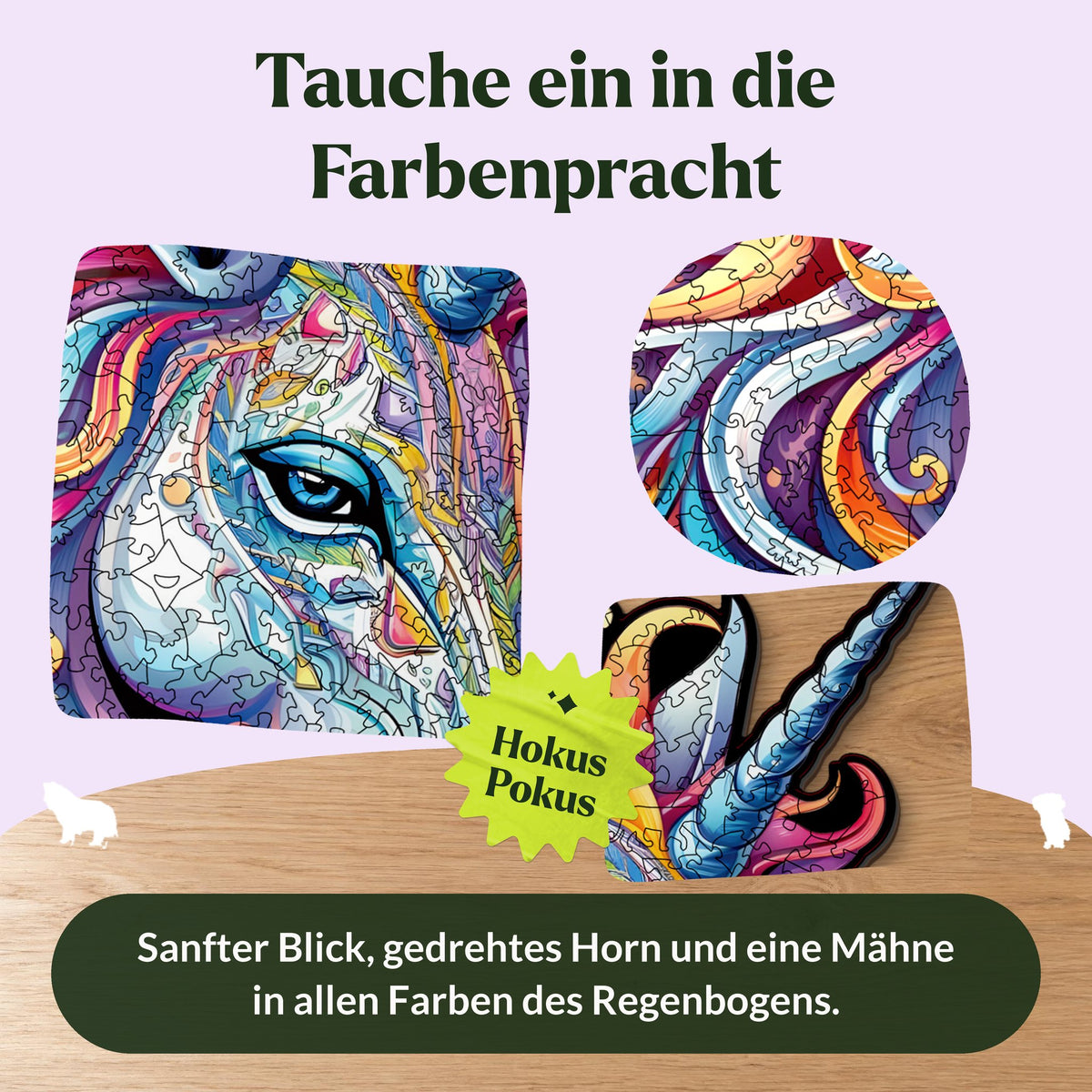 Rainbow Unicorn Wooden Puzzle, featuring details such as an eye, a rainbow mane, and a twisted horn