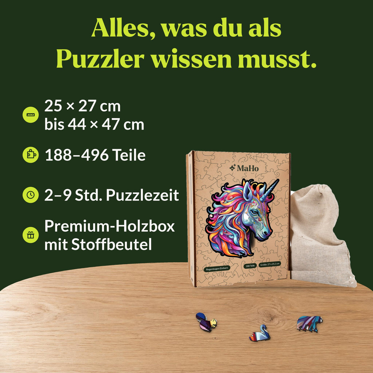 Rainbow Unicorn Wooden Puzzle, 25 x 27 to 44 x 47 cm, 188 to 496 pieces, premium wooden box with fabric pouch