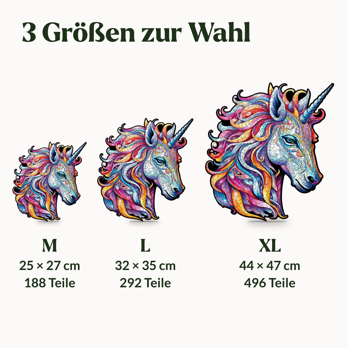 Rainbow Unicorn Wooden Puzzle, three sizes to scale: M 25 x 27 cm, L 32 x 35 cm, and XL 44 x 47 cm, with number of pieces