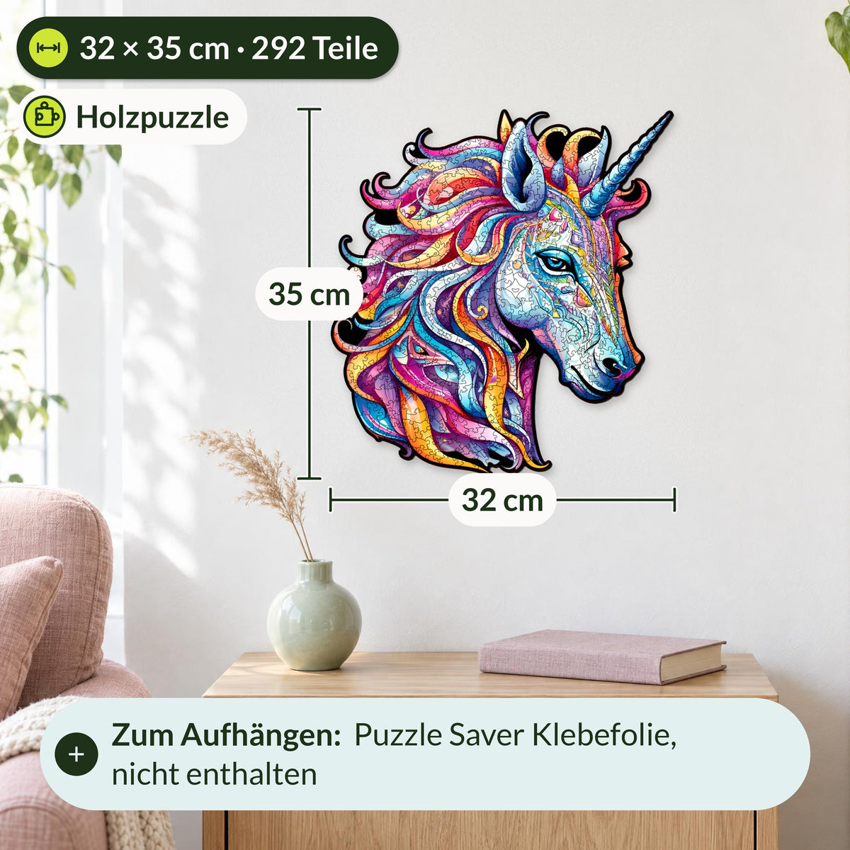 Rainbow Unicorn wooden puzzle, size L (32 x 35 cm) with 292 pieces, hanging on the wall above the same side cabinet