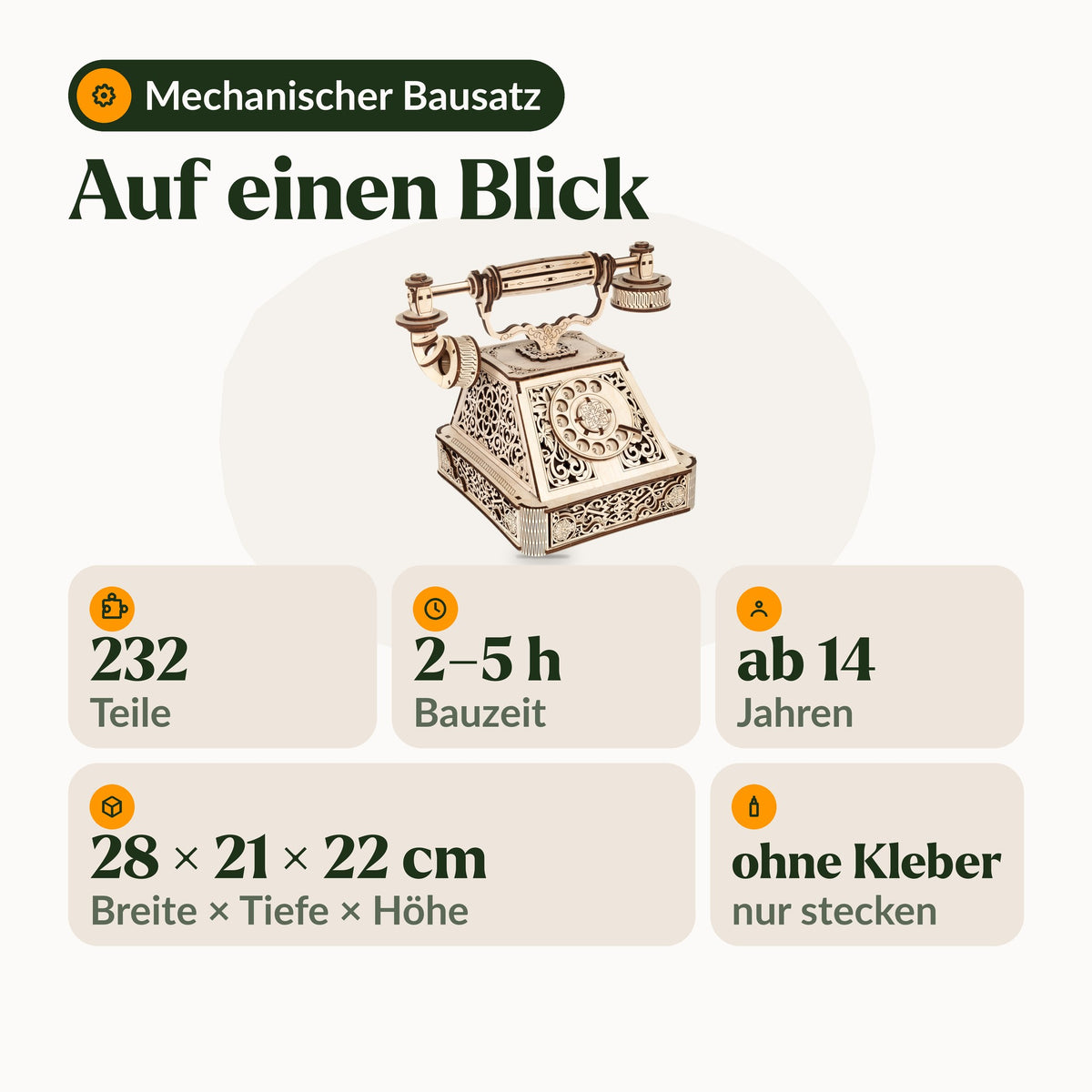 Retro Telephone – Vintage Bausatz, Übersicht: 232 Teile, 2 bis 5 Stunden Bauzeit, ab 14 Jahren, 28 × 21 × 22 cm