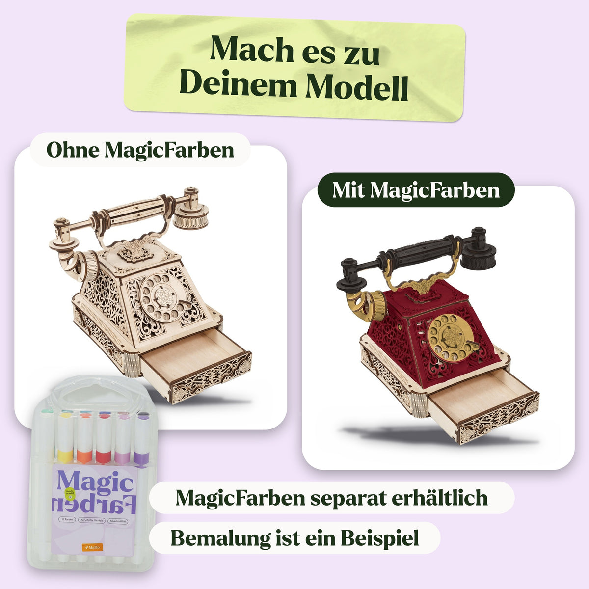 Retro Telephone – Vintage Bausatz, naturbelassen und als Beispiel in Bordeaux, Schwarz und Messinggelb bemalt