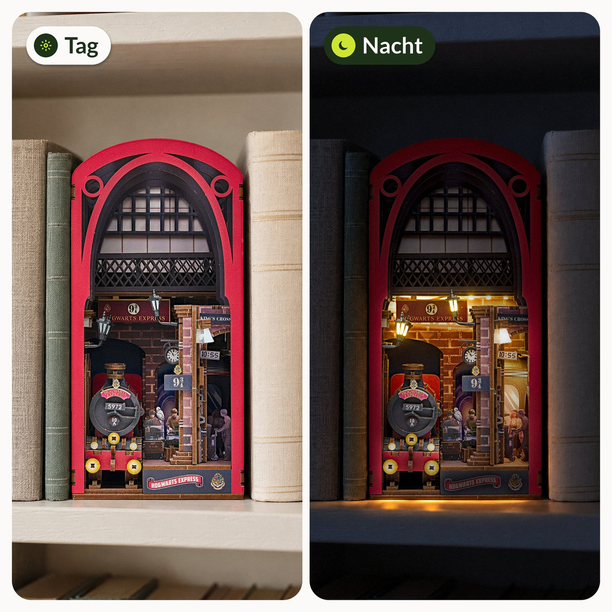 Hogwarts Express Book Nook, links bij daglicht zonder verlichting, rechts ’s avonds met ingeschakelde ledverlichting