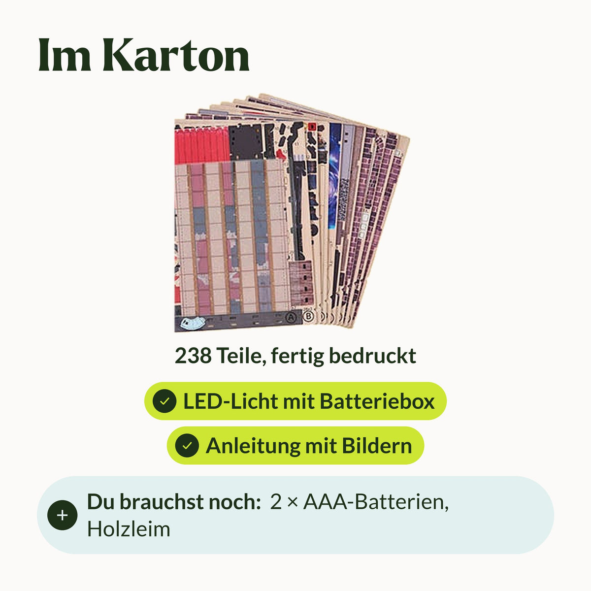 Hogwarts Express Book Nook, in de doos: 238 bedrukte onderdelen, LED-lampje, instructieboekje; je hebt nodig: 2 AAA-batterijen, houtlijm