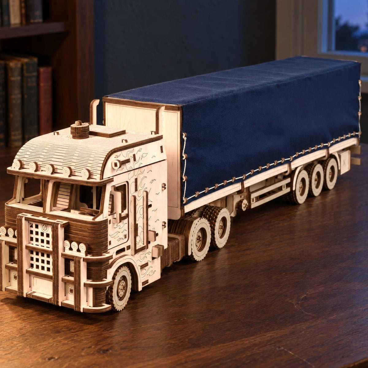 Road King Truck Wooden Model Kit: Tractor-Trailer with a Tarpaulin Semi-Trailer on a Walnut Desk in the Evening