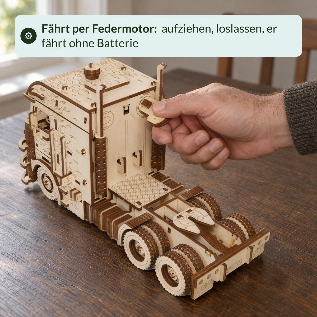 Road King Truck Wooden Model Kit; wind up the spring-powered motor by turning the knob; Note: Runs without batteries