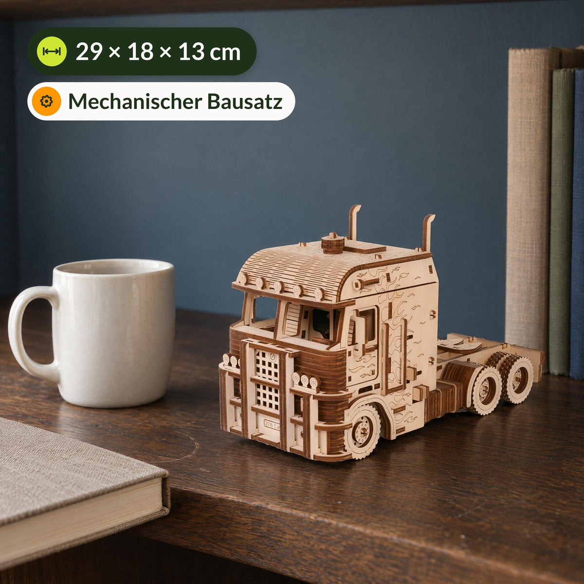 Road King Truck Wooden Model Kit, Tractor Next to a Coffee Cup on a Shelf, 29 × 18 × 13 cm