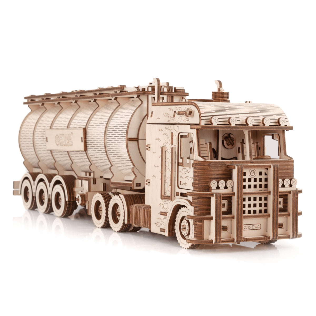Road King Truck Wooden Model Kit, Tractor-Trailer with Fuel Tank Trailer, Viewed at an Angle from the Front on a White Background