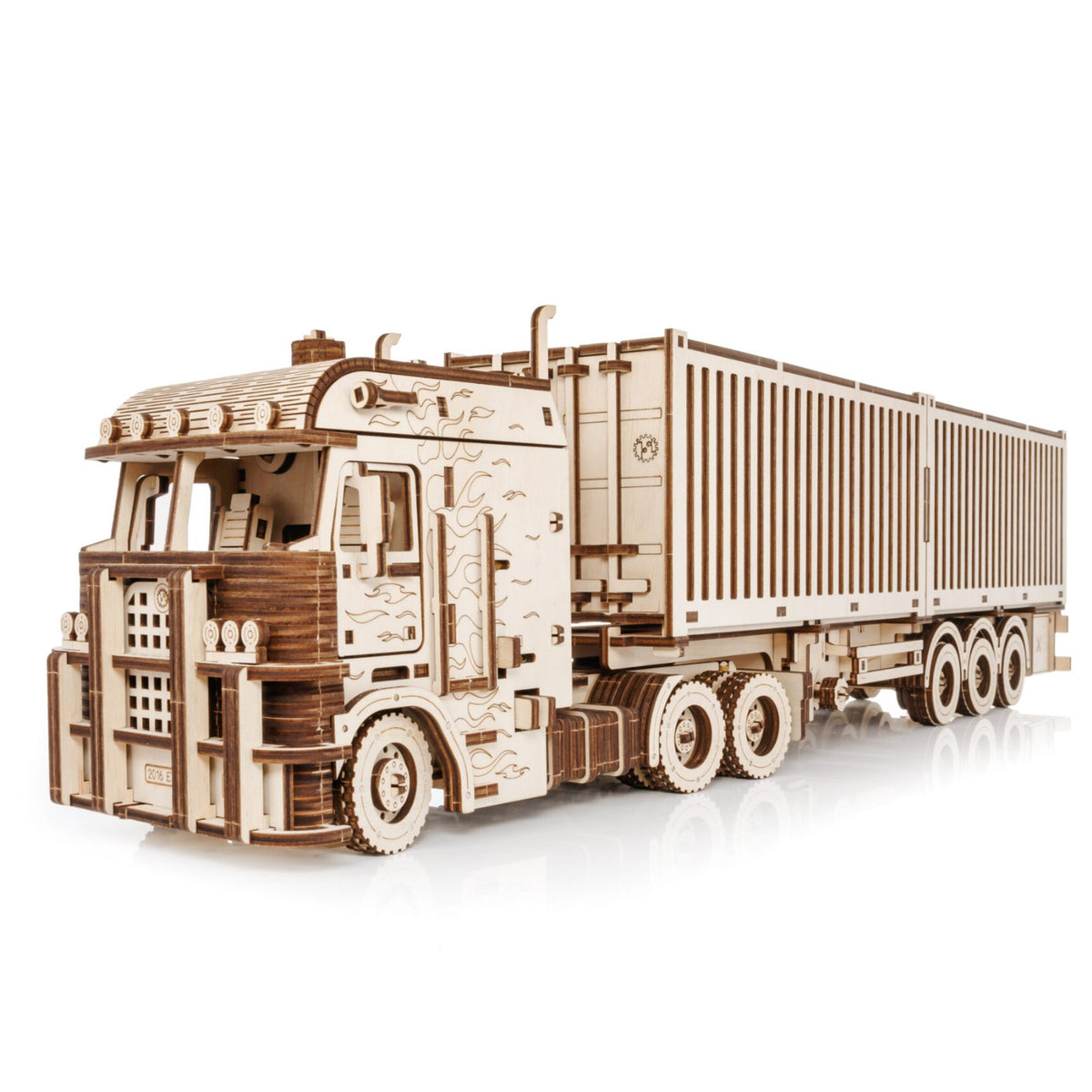 Road King Truck Wooden Model Kit, Tractor-Trailer with Container Trailer, Viewed at an Angle from the Front on a White Background