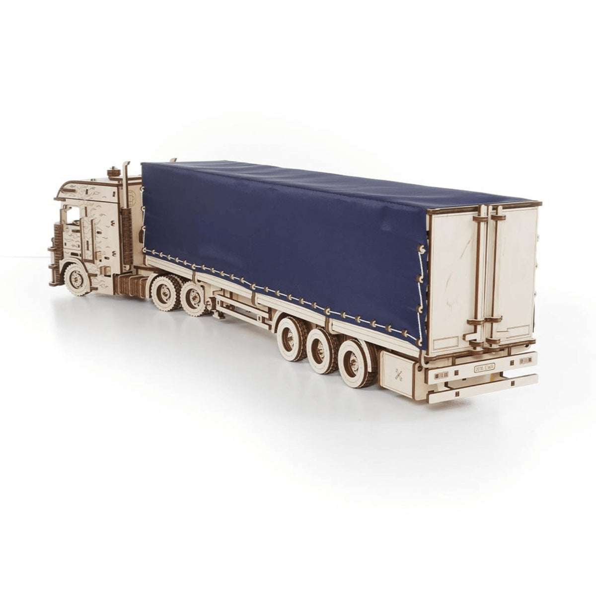 Road King Truck Wooden Model Kit, Tractor-Trailer with Tarpaulin Semi-Trailer, Viewed Diagonally from Behind on a White Background