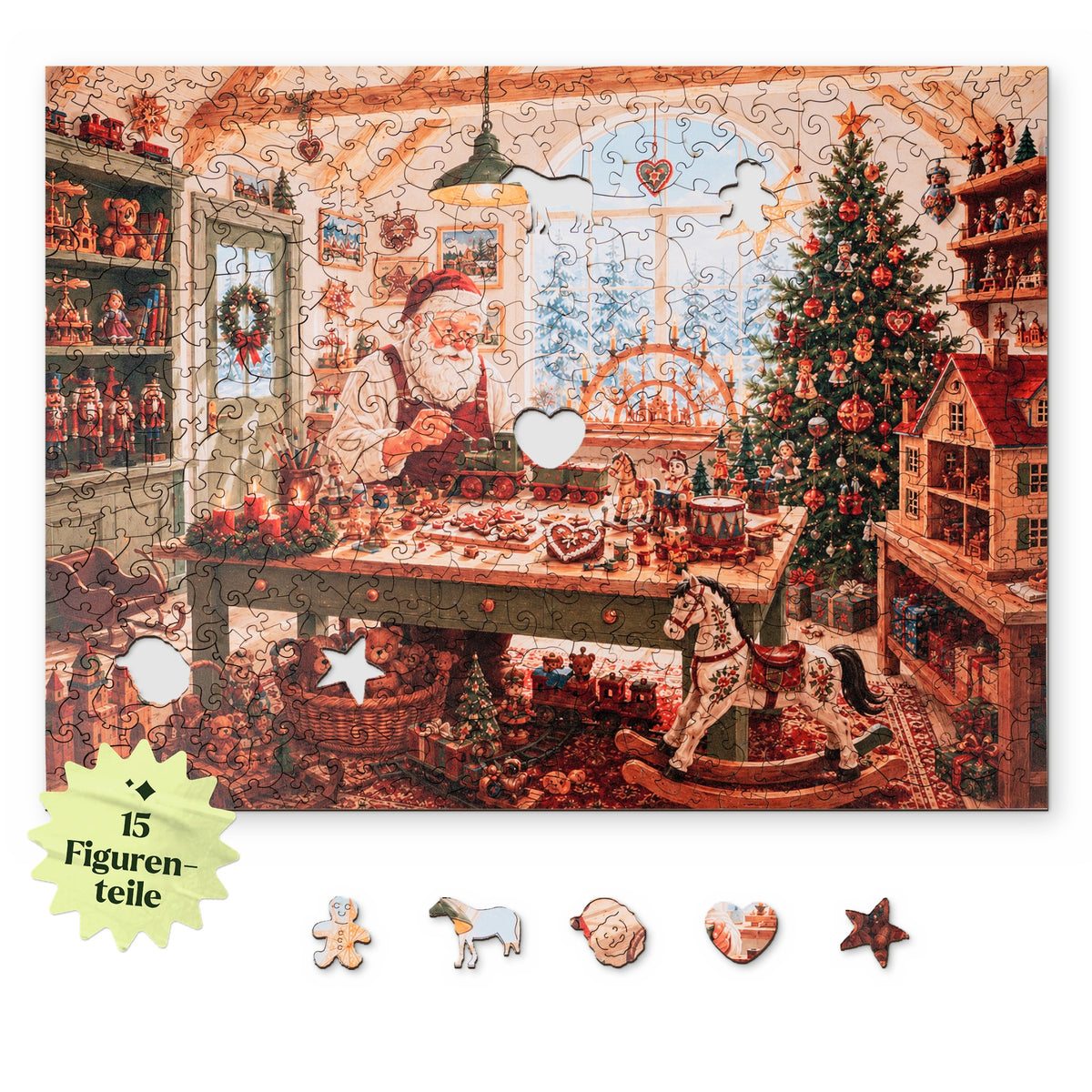 Santa's Workshop Wooden Puzzle, with a top view design on a white background, featuring character pieces such as a gingerbread man, Santa Claus, and a star