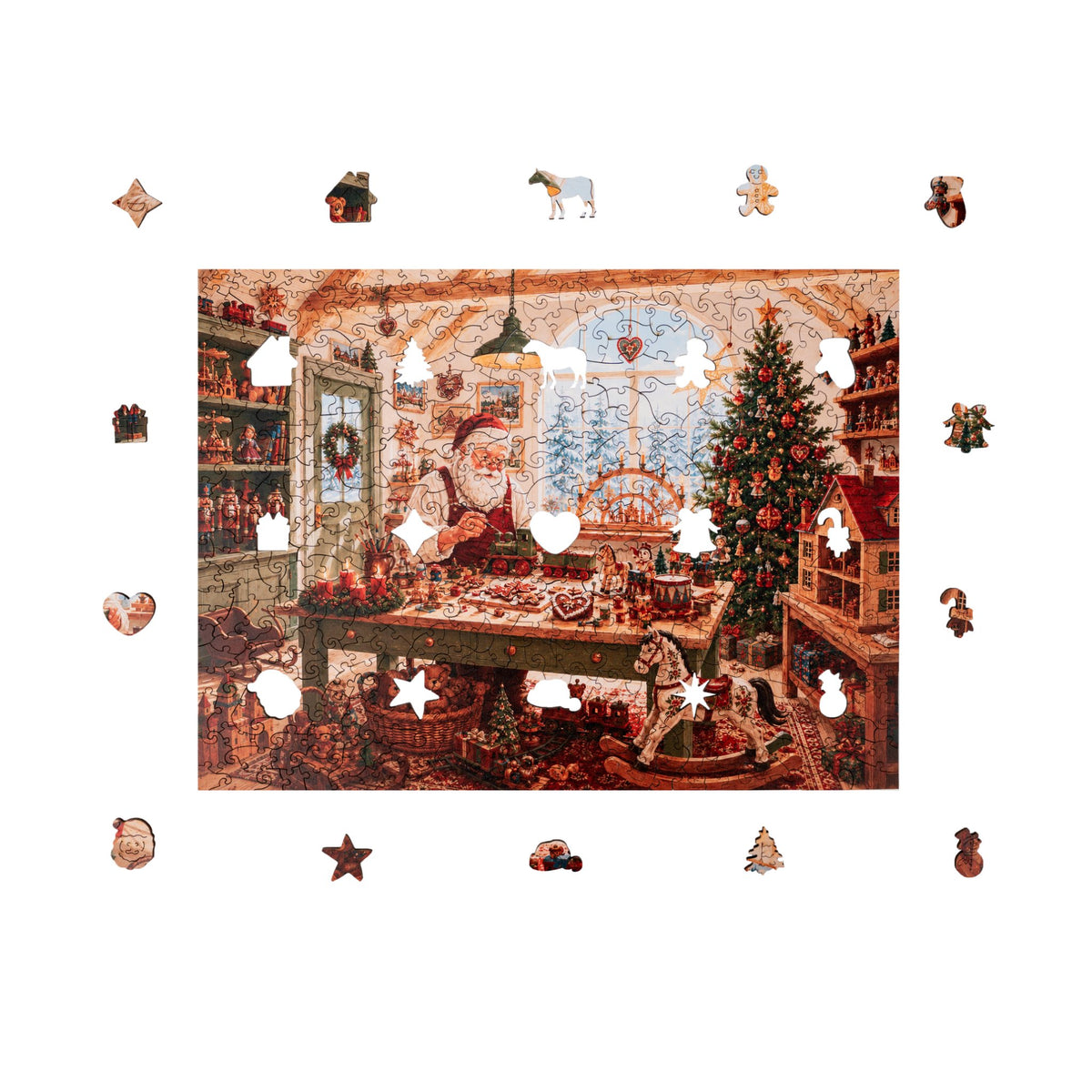 Santa's Workshop Wooden Puzzle, a completed design featuring Santa Claus in his toy workshop, framed by puzzle pieces