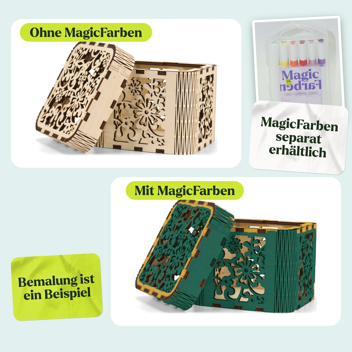 Houten bouwpakket voor een schatkistje, in natuurlijke kleur en als voorbeeld beschilderd met MagicFarben (MagicFarben apart verkrijgbaar)