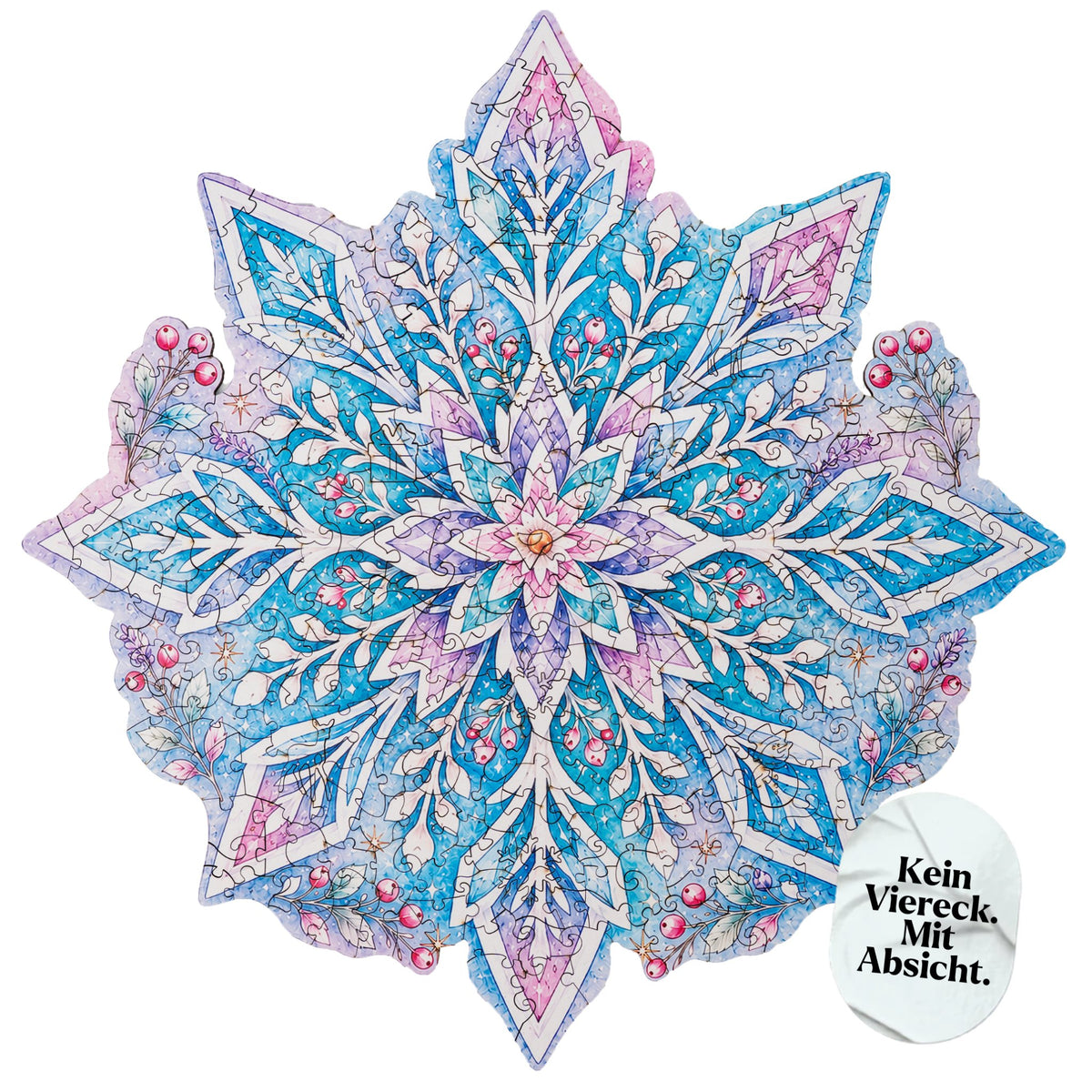 Snowflake Wooden Puzzle, pre-assembled design with various puzzle pieces