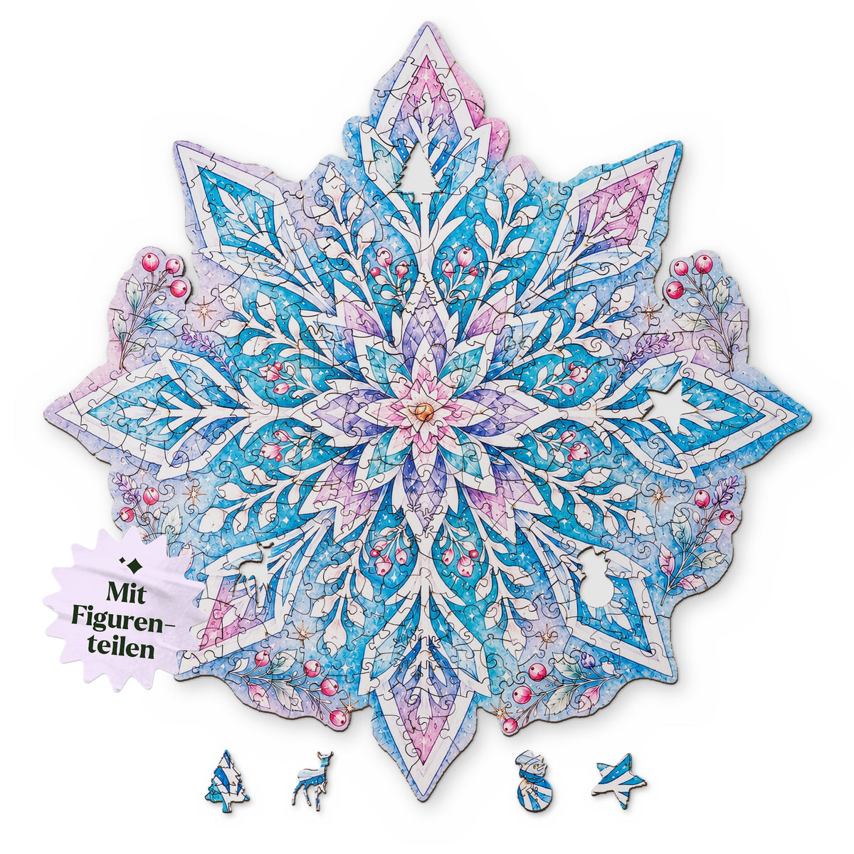 Snowflake Mandala Wooden Puzzle, round design on top in white, with figures such as a deer, a snowman, and a star underneath