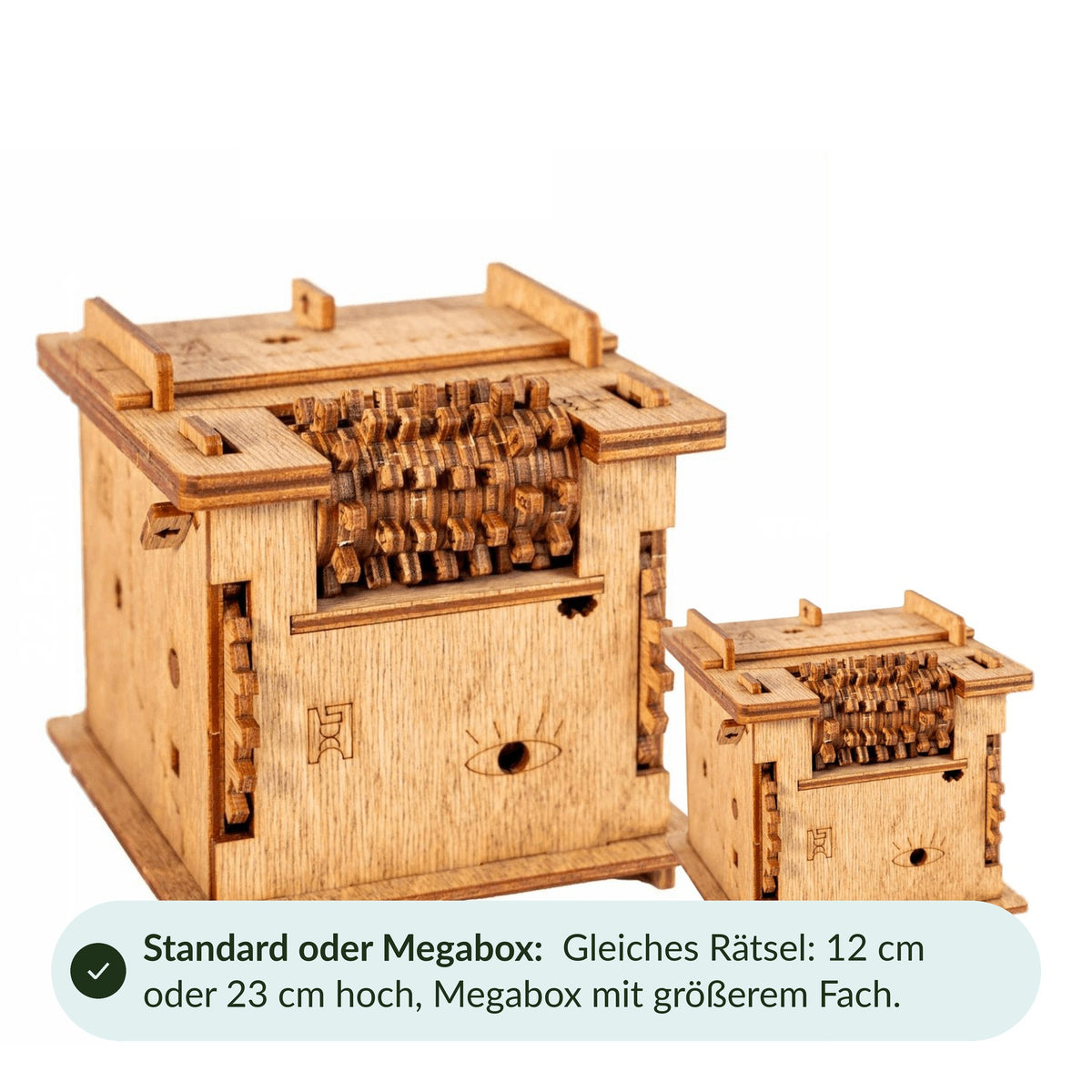 Cluebox's "Schrödinger's Cat" in two sizes: Megabox (23 cm) and Standard (12 cm tall) side by side