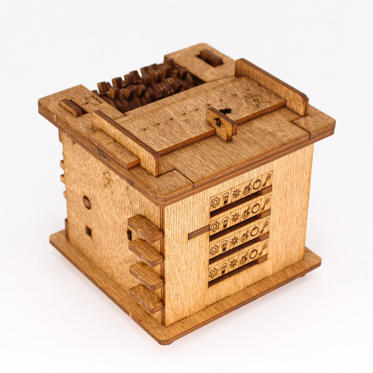 Cluebox's "Schrödinger's Cat" on a white background: Riddle Box made of birch wood with rotating rollers and sliders