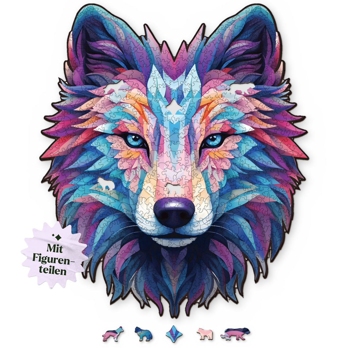 Sharp-Eyed Guardian Wolf Wooden Puzzle, with a top view design on a white background, featuring figure pieces such as a dog, a star, and a bear