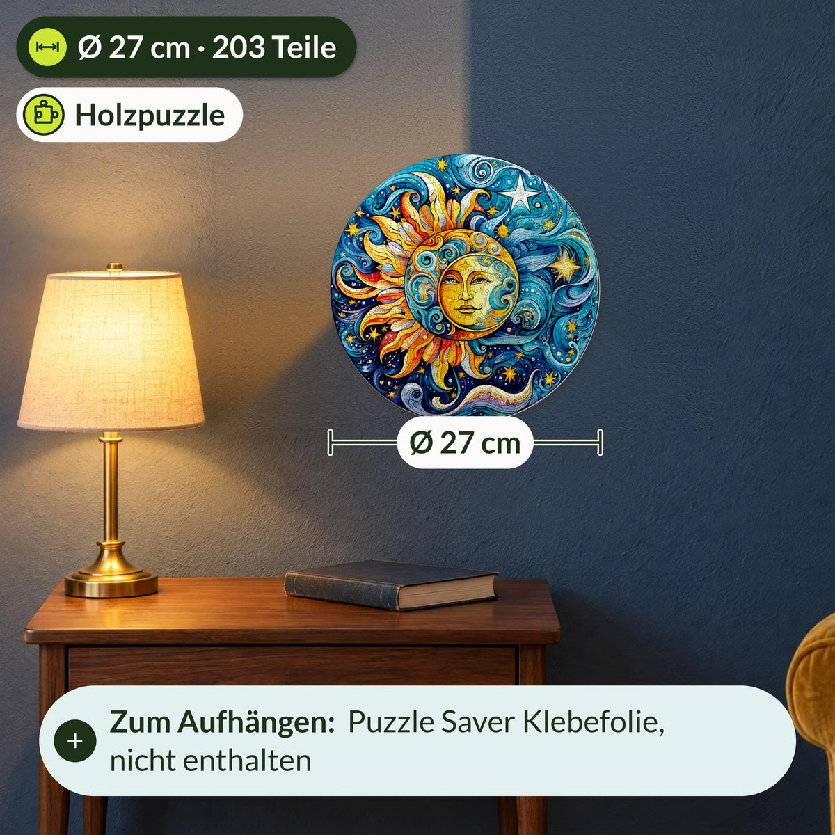 Sun and Moon Mandala Wooden Puzzle, Size M, Ø 27 cm, 203 pieces, on a blue wall above a walnut nightstand
