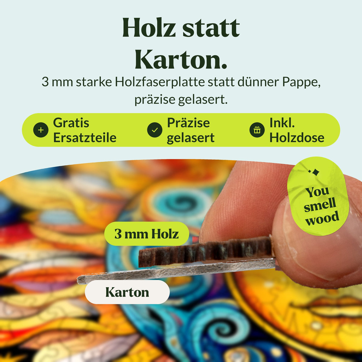 Sun and Moon Mandala Wooden Puzzle, Wood Instead of Cardboard: 3 mm-thick, laser-cut wooden piece with a contoured profile over a thin cardboard piece