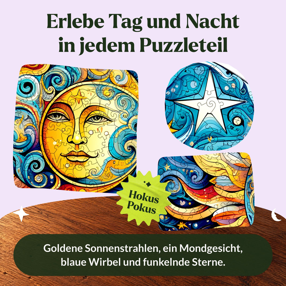 Sun and Moon Mandala Wooden Puzzle, featuring a moon face, a white star, and golden sunbeams