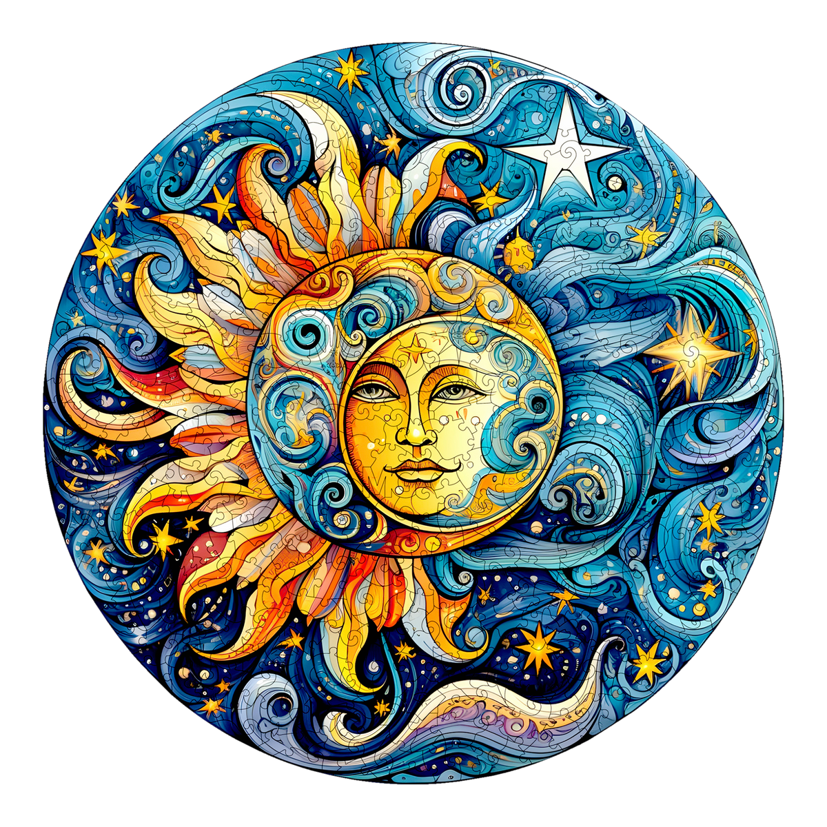 Sun and Moon Mandala Wooden Puzzle, finished round puzzle shown on a white background