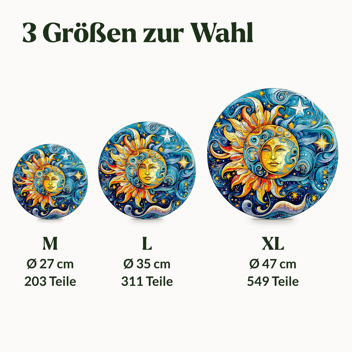 Sun and Moon Mandala Wooden Puzzle, three sizes to scale: M Ø 27 cm, L Ø 35 cm, and XL Ø 47 cm, with number of pieces