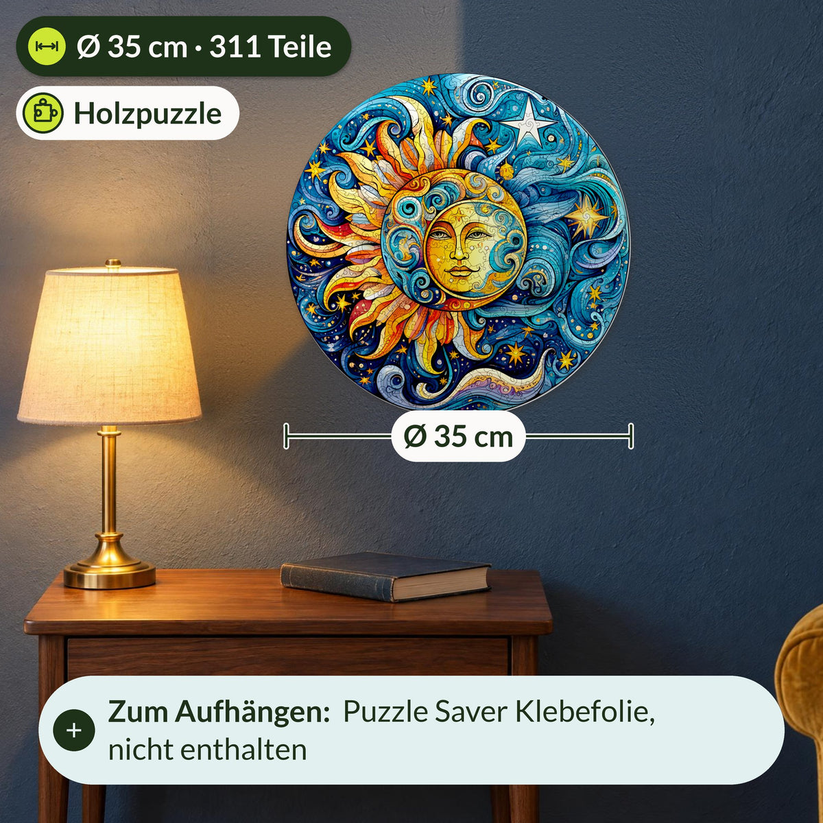 Sun and Moon Mandala Wooden Puzzle, Size L, Ø 35 cm, 311 pieces, on a blue wall above a walnut nightstand