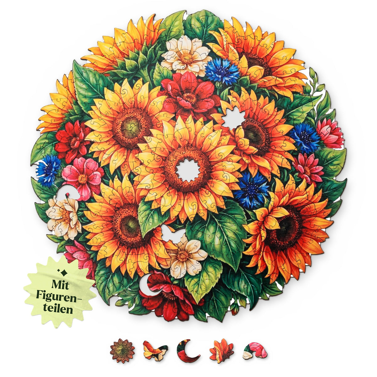 "Sunflowers in Summer Light" Mandala Wooden Puzzle, with an overhead view of the design on a white background, featuring figures such as a sunflower, a butterfly, and the moon