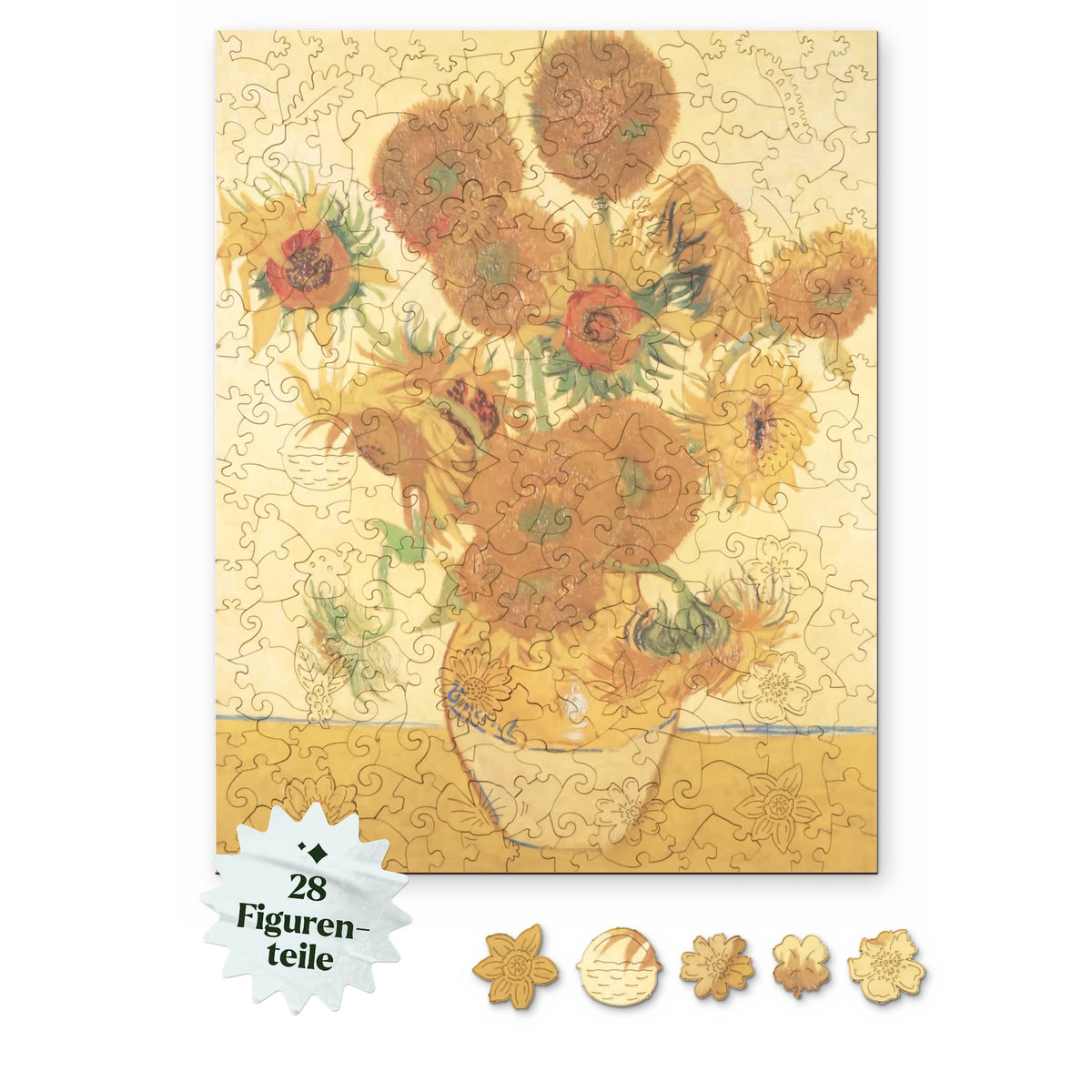 Puzzle en bois « Tournesols » d'après Van Gogh, motif vu d'en haut sur fond blanc, avec en dessous des éléments comme une jonquille, un panier et une fleur